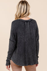 Mittoshop Women's Washed V-Neck Long Sleeve Blouse - Vintage Style, 100% Cotton